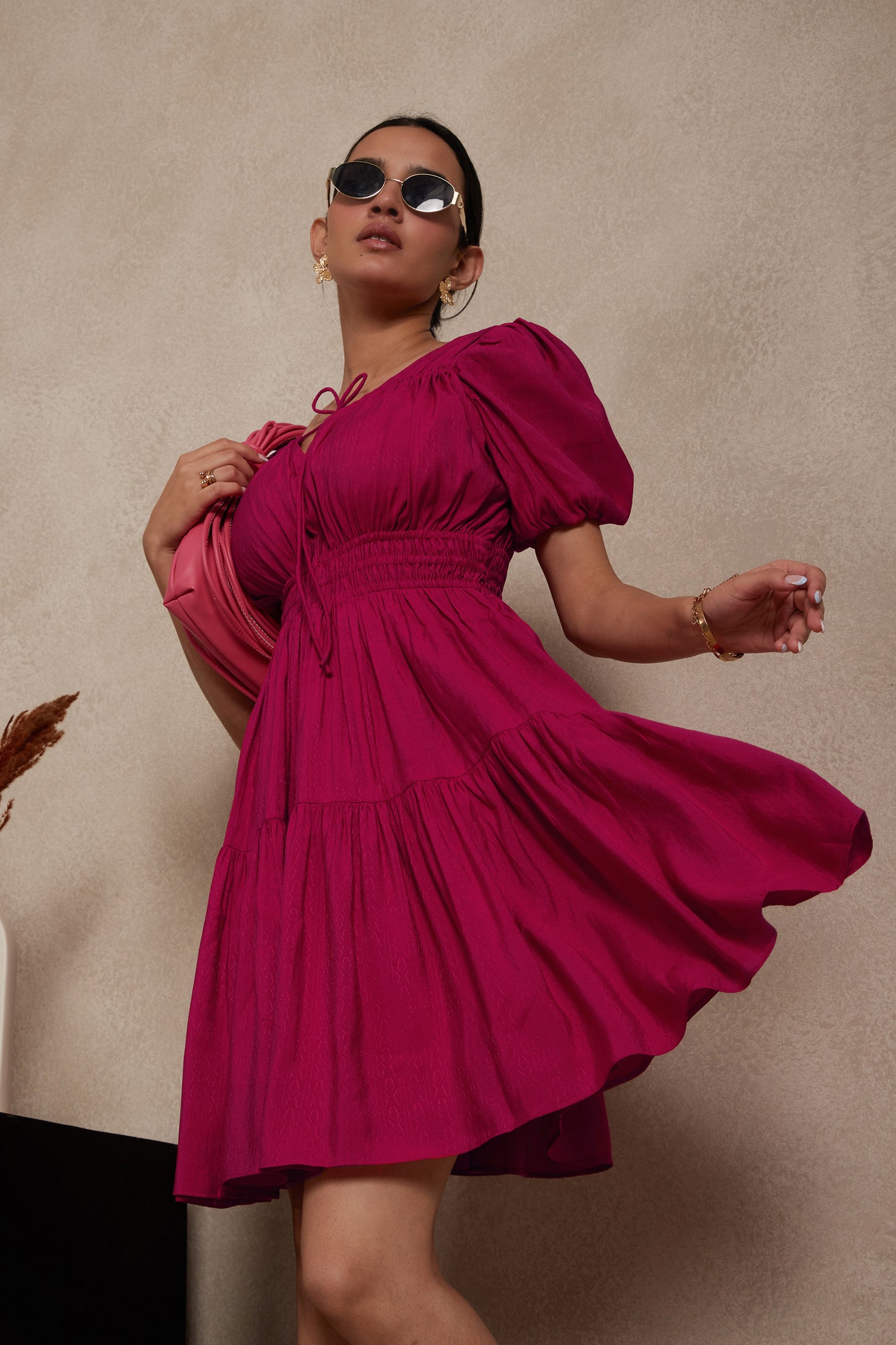 Magenta Tiered Mini Dress with Tie-Up Neckline