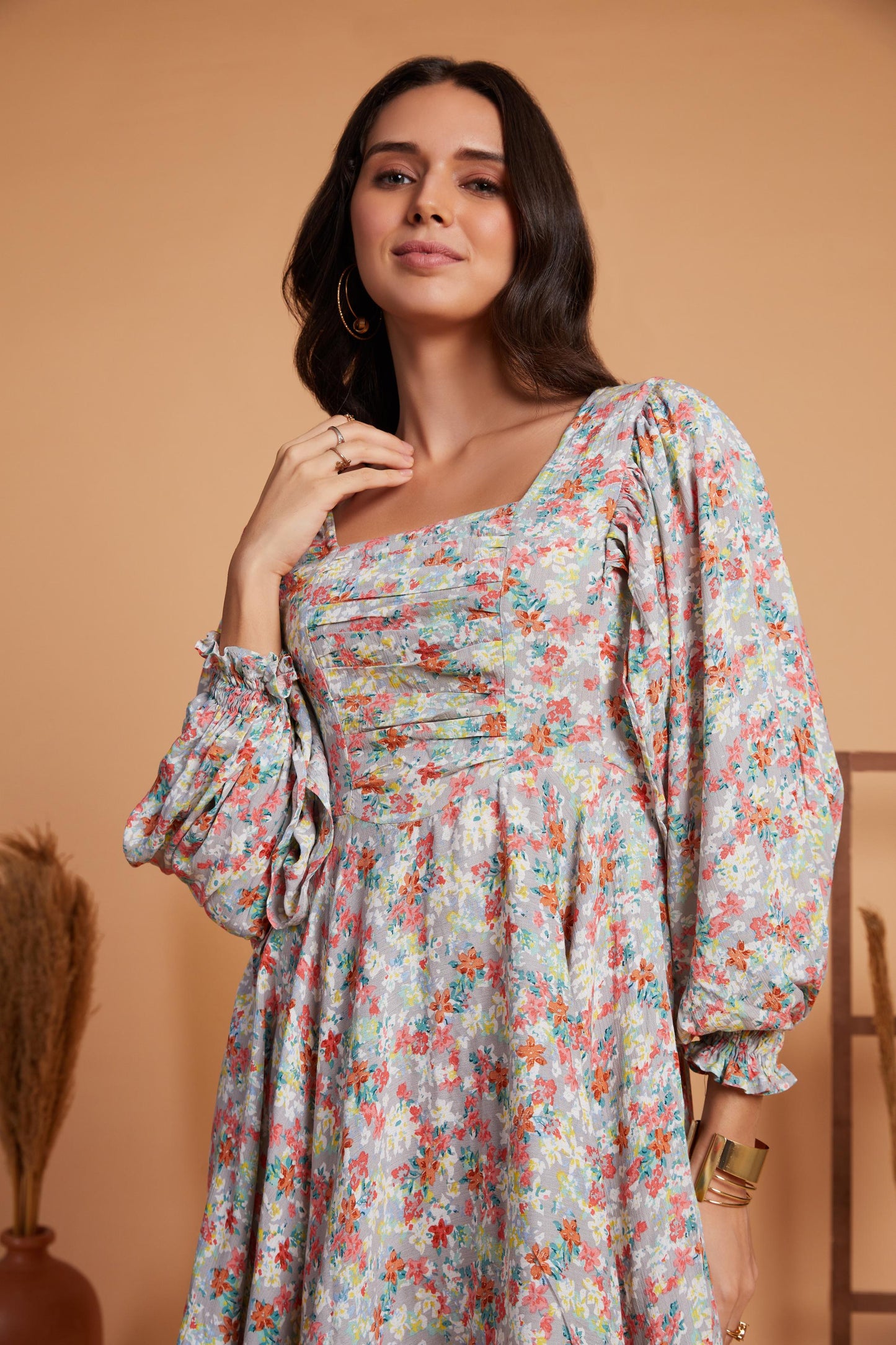 Floral Puff Sleeve Mini Dress with Flared Hem