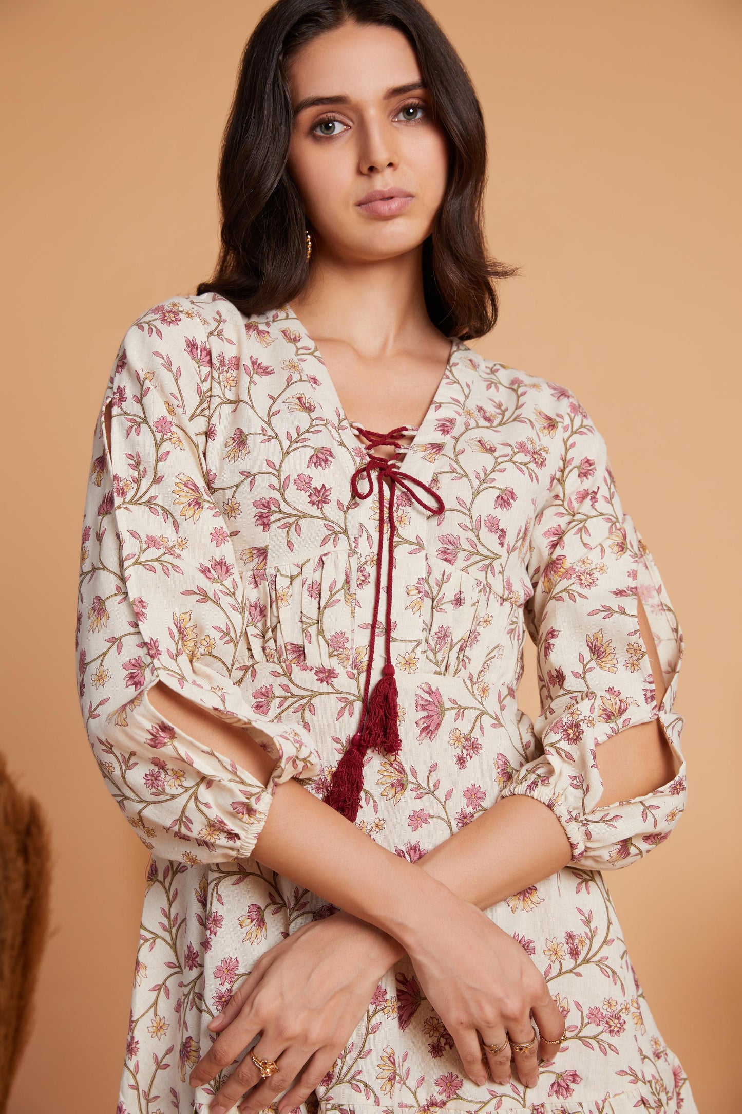 Floral Printed Mini Dress with Tassel Tie