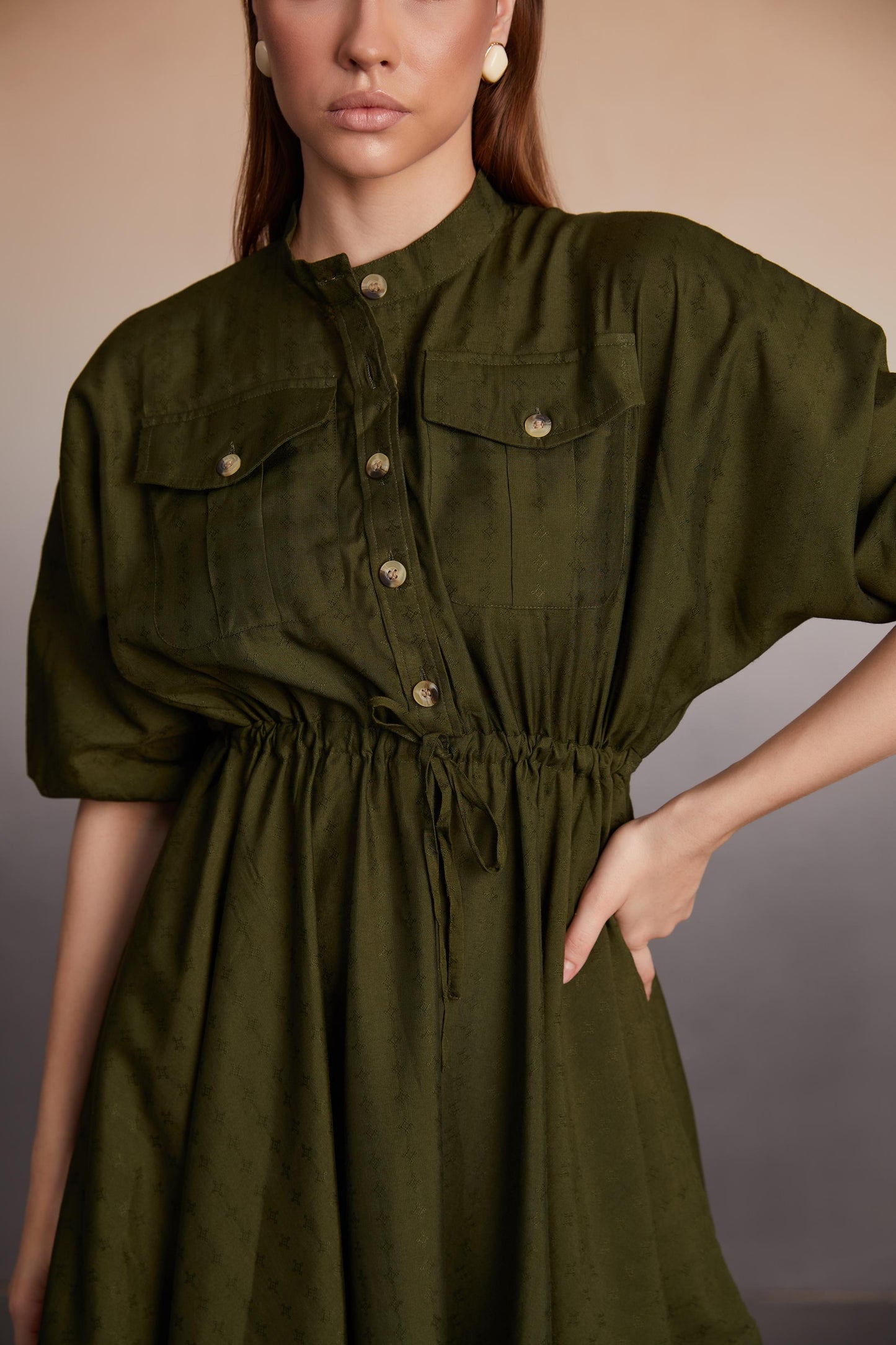 Button-Down Utility Mini Dress with Drawstring Waist
