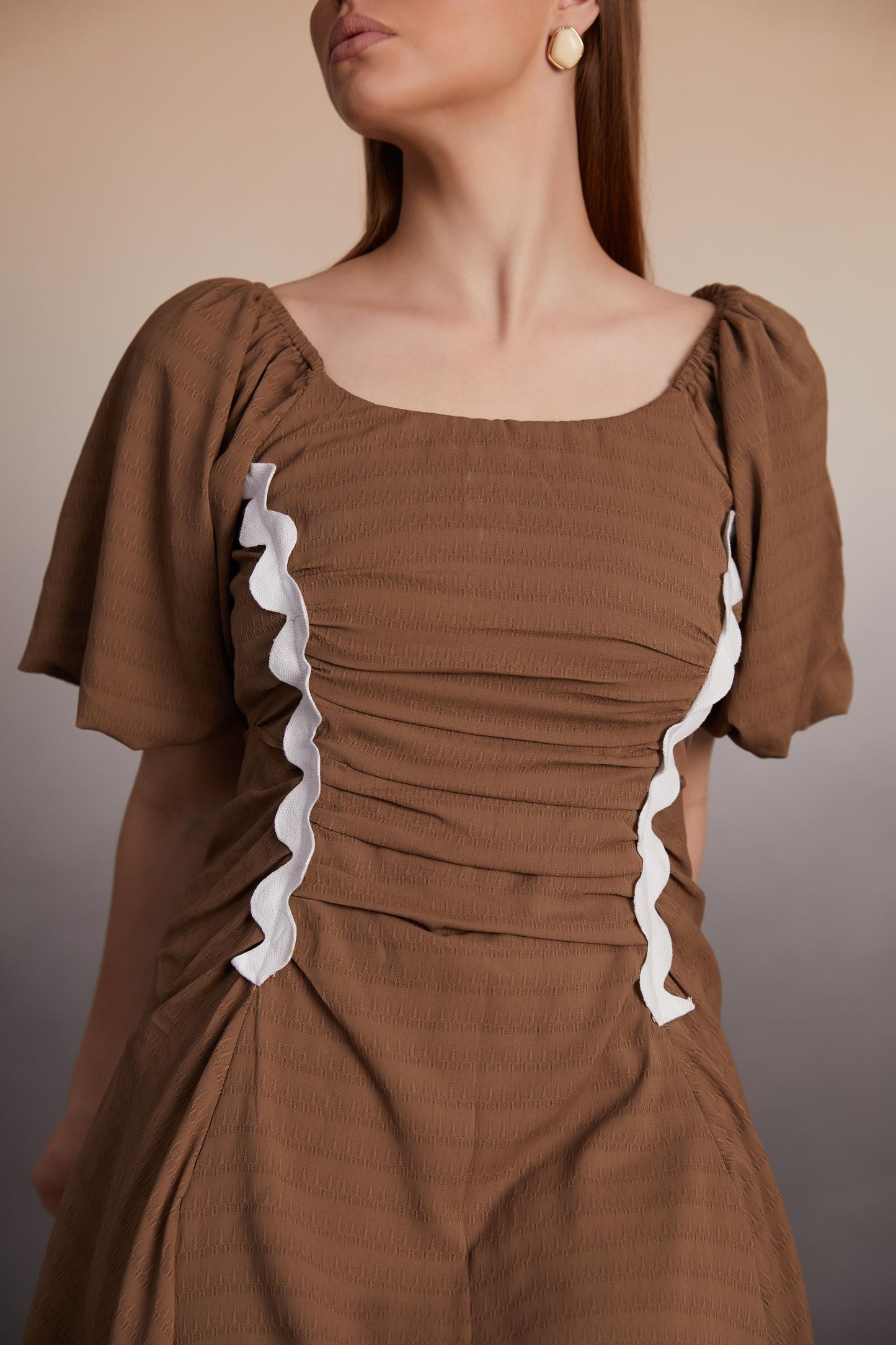 Square-Neck Ruched Midi Dress with Puff Sleeves