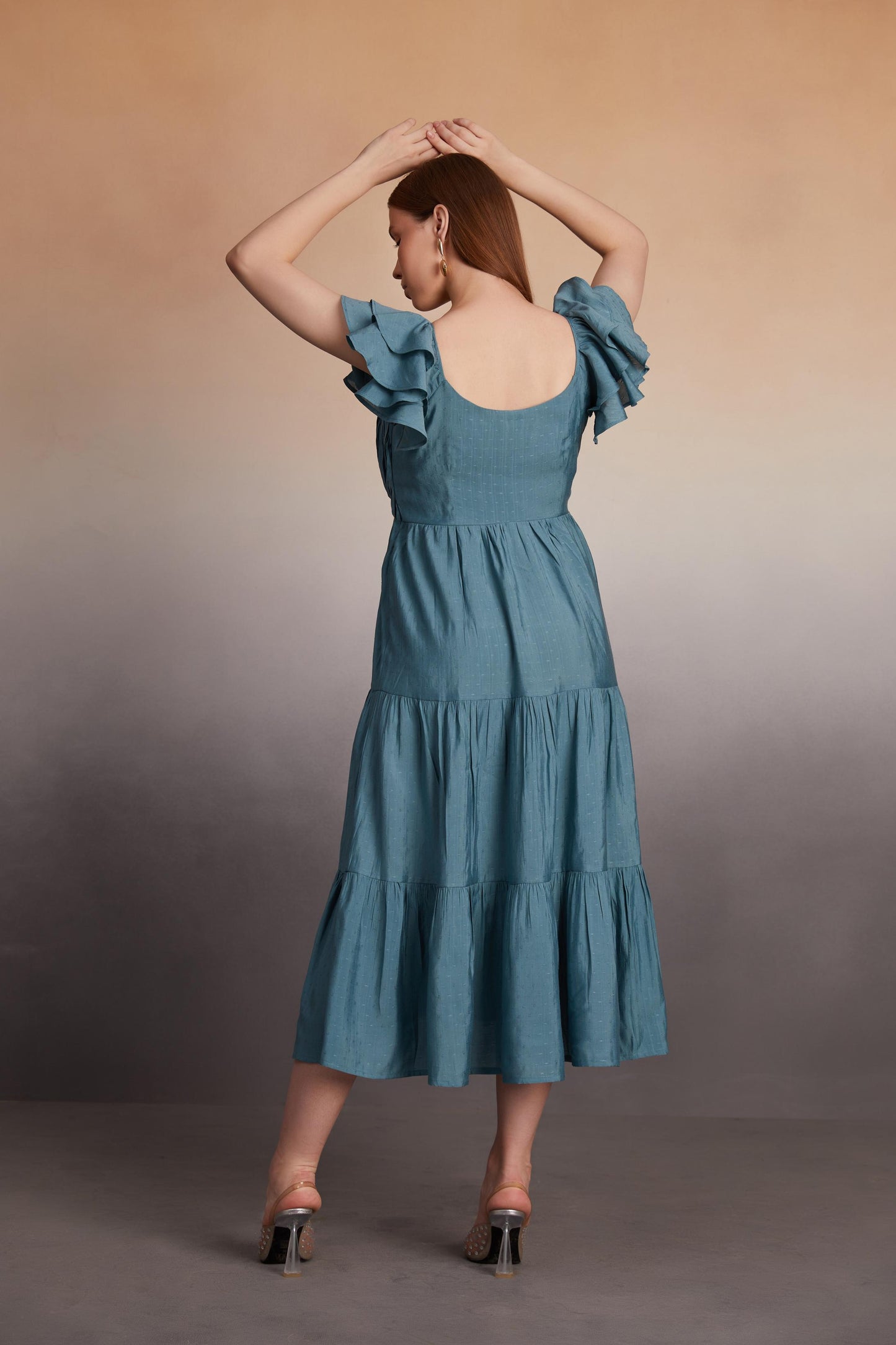 Tiered Midi Dress with Ruffled Sleeves