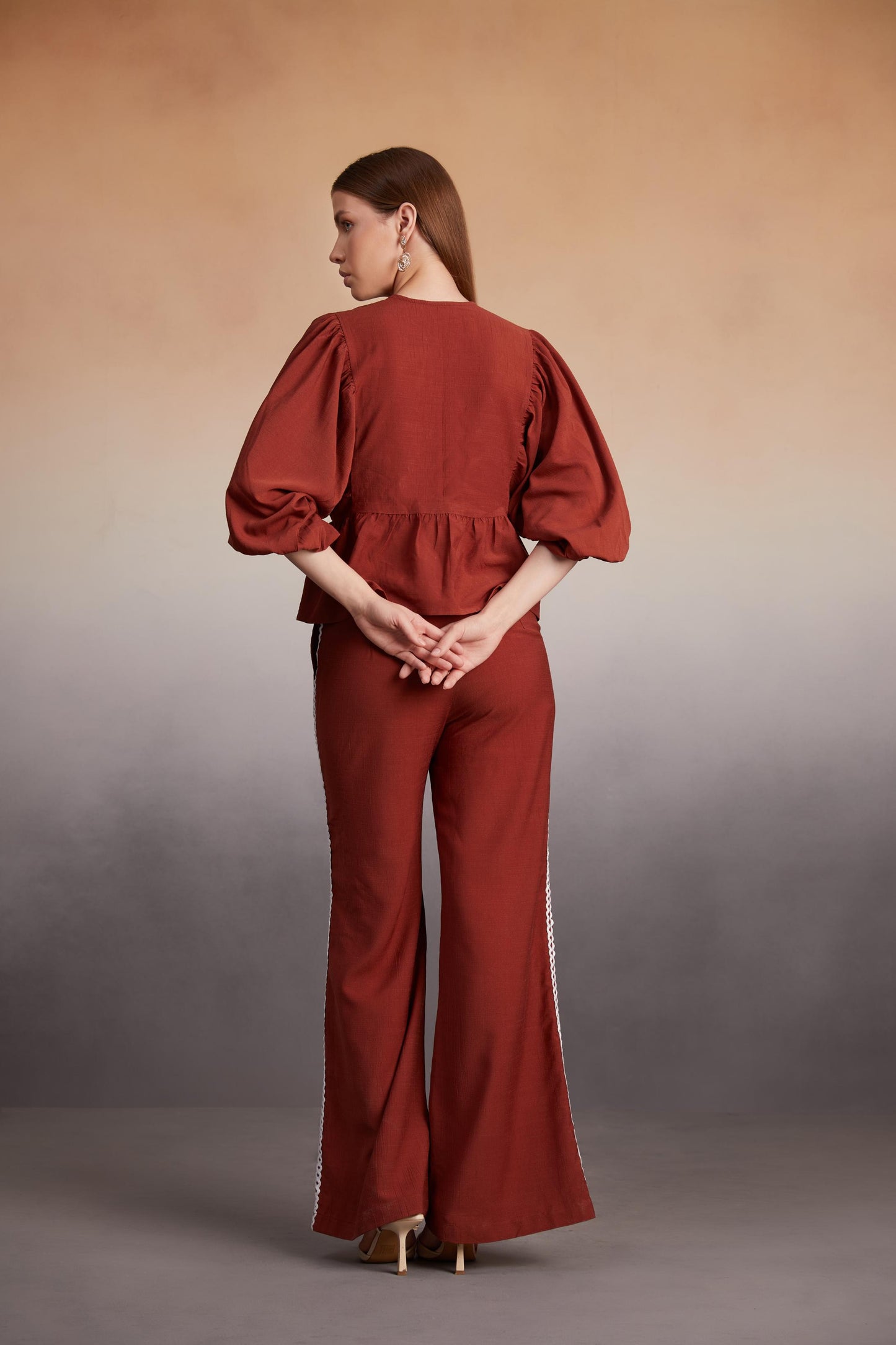 Rust Peplum Co-Ord Set with Lace Detail