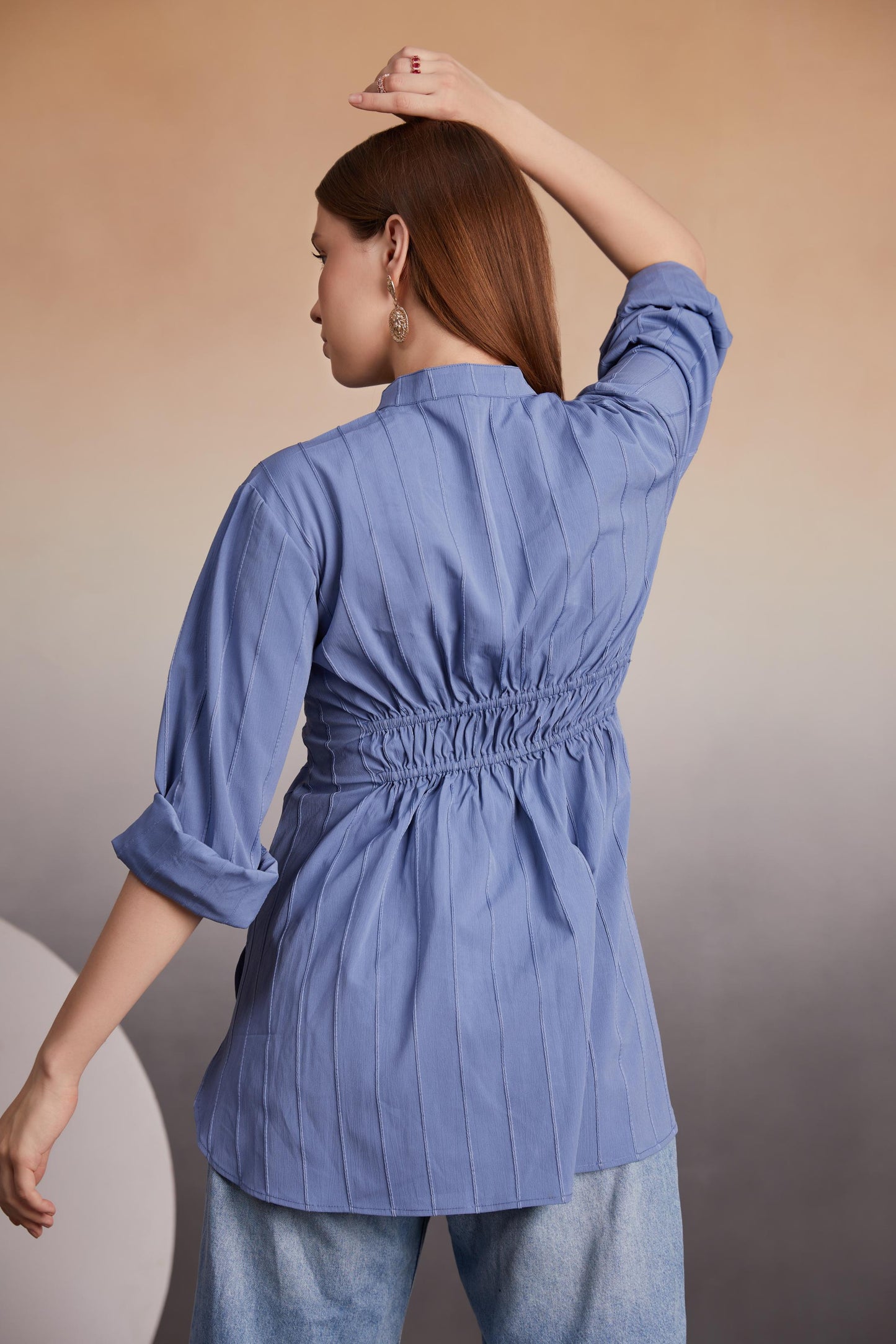 Indigo Ruched Button-Down Top