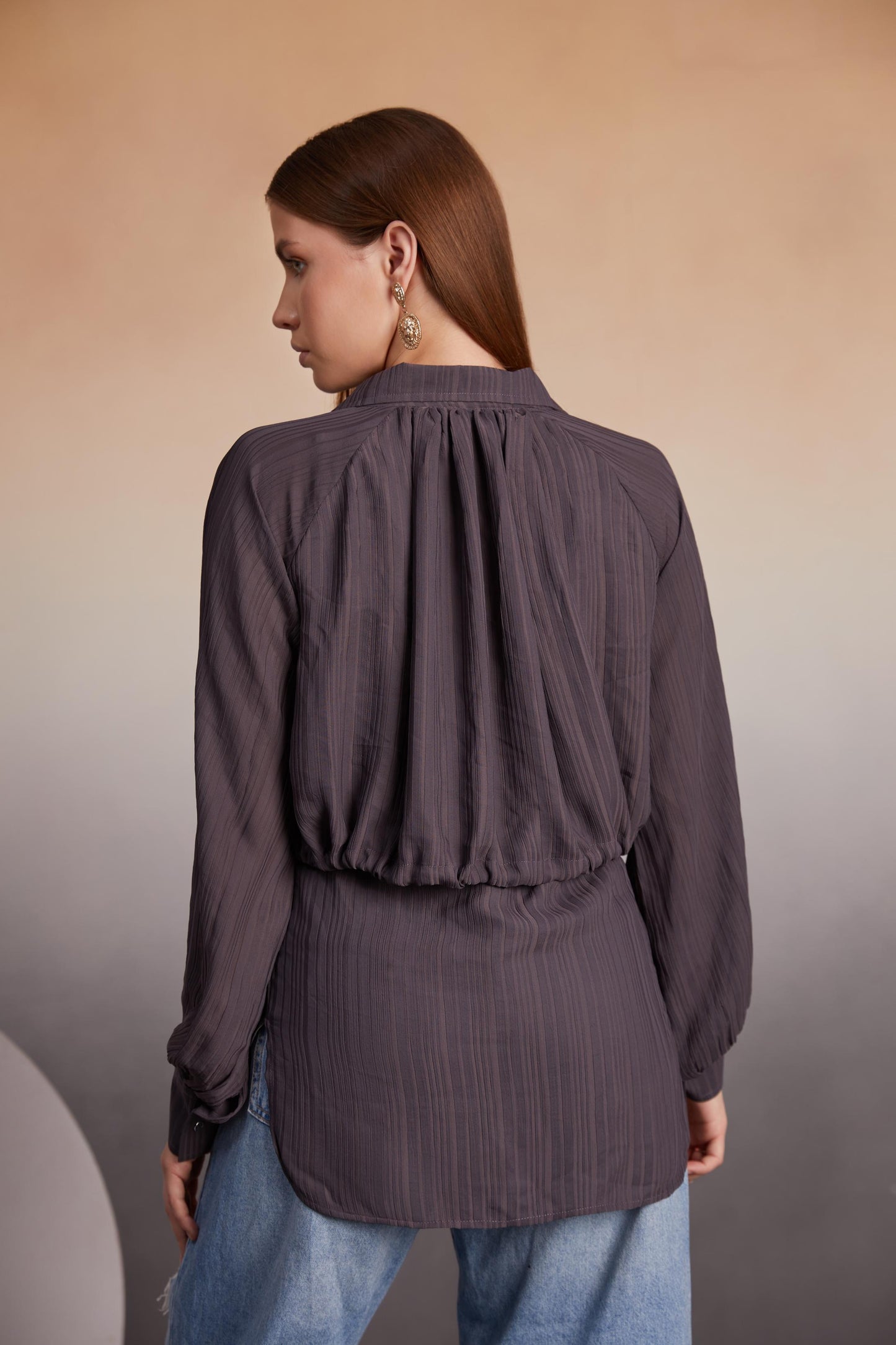 charcoal Balloon Sleeve Button-Down Top