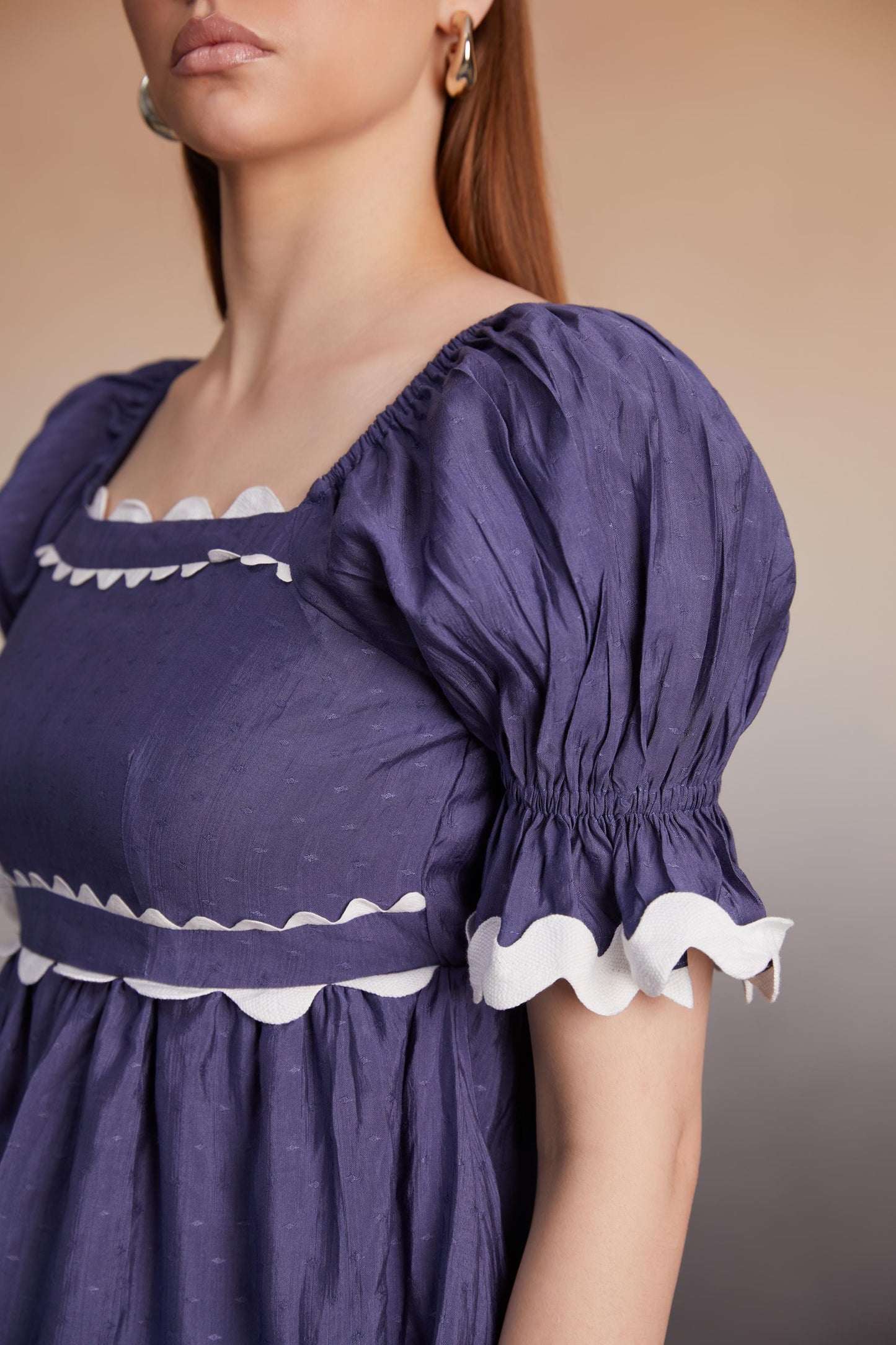 Indigo Scalloped Trim Peplum Top