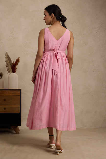 Blush Pink Sleeveless Midi Dress with Lace Paneling