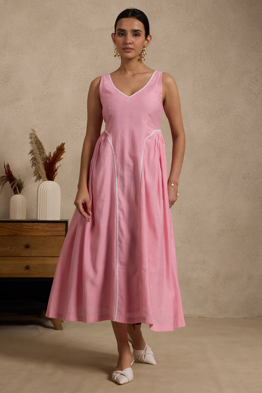 Blush Pink Sleeveless Midi Dress with Lace Paneling