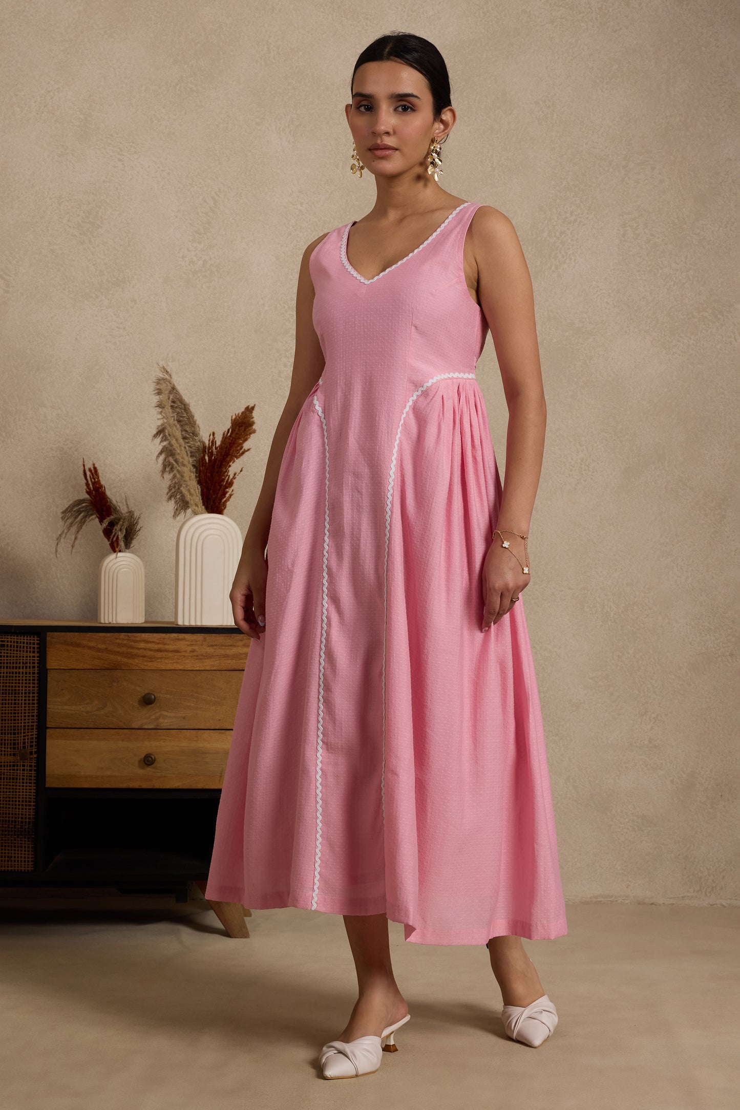 Blush Pink Sleeveless Midi Dress with Lace Paneling