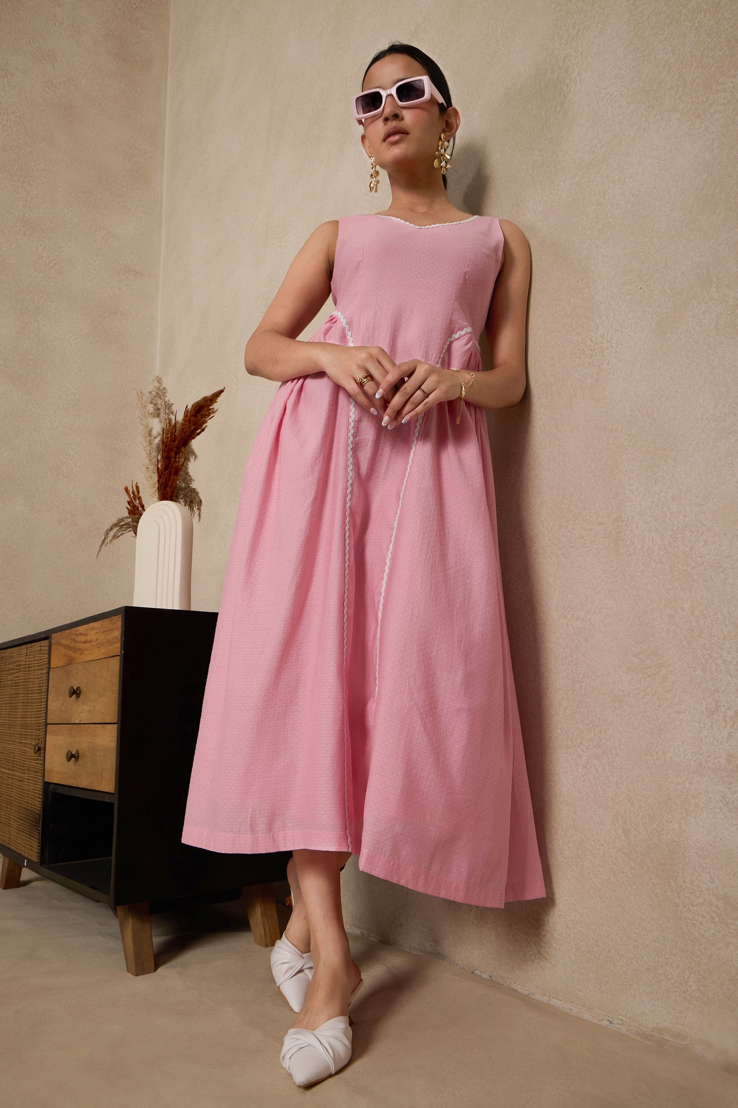 Blush Pink Sleeveless Midi Dress with Lace Paneling