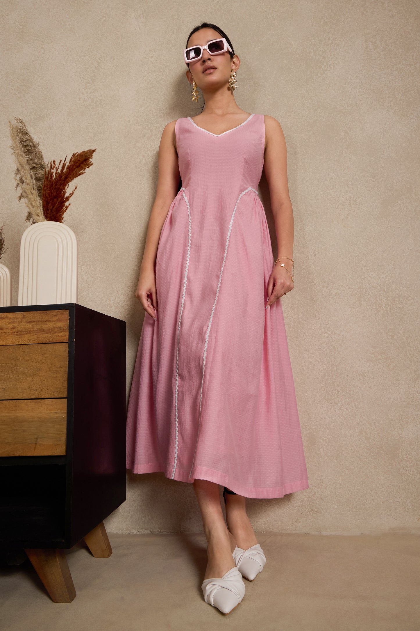 Blush Pink Sleeveless Midi Dress with Lace Paneling