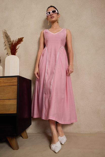 Blush Pink Sleeveless Midi Dress with Lace Paneling