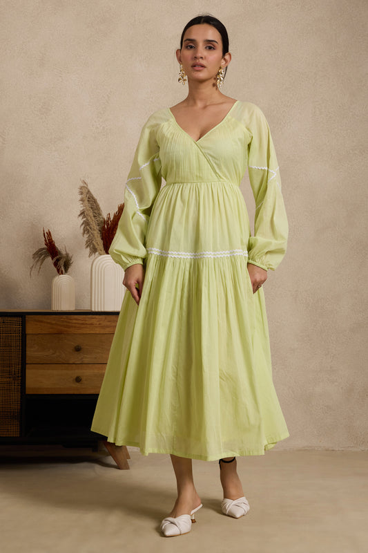 Pastel Lime Maxi Dress with Lace-Sleeve Detailing