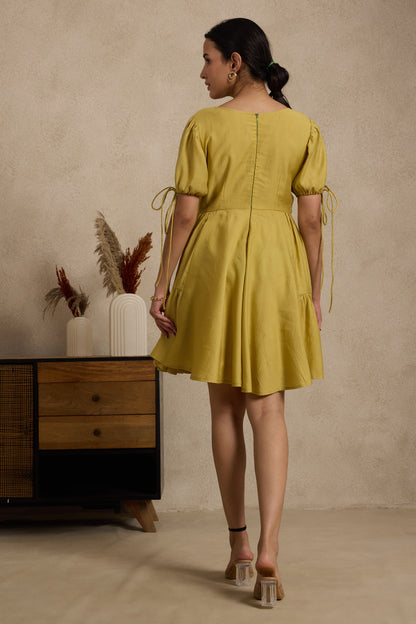 Mustard Yellow Flared Mini Dress with Ruched Sleeves