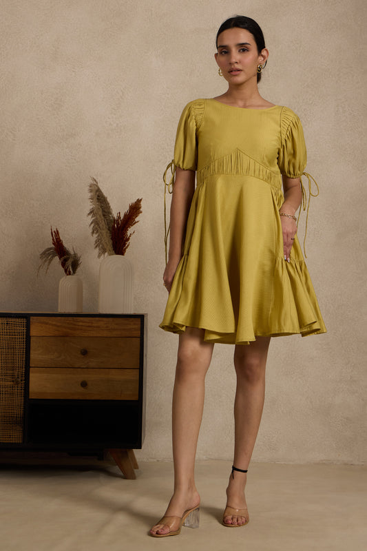 Mustard Yellow Flared Mini Dress with Ruched Sleeves