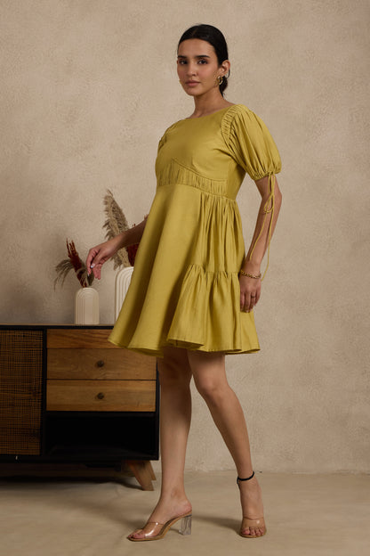 Mustard Yellow Flared Mini Dress with Ruched Sleeves