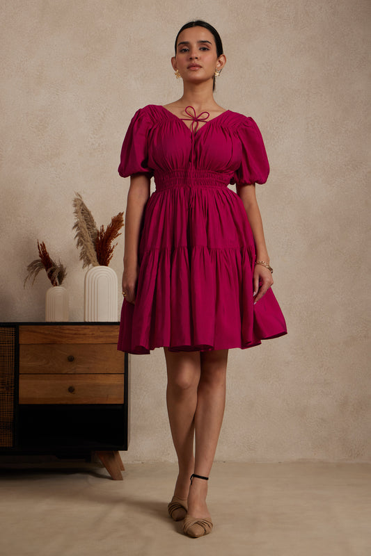 Magenta Tiered Mini Dress with Tie-Up Neckline