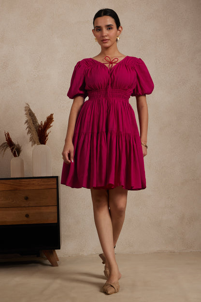 Magenta Tiered Mini Dress with Tie-Up Neckline