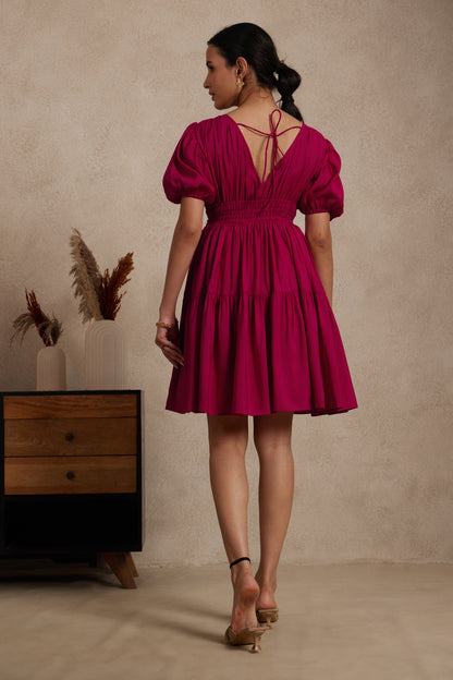 Magenta Tiered Mini Dress with Tie-Up Neckline