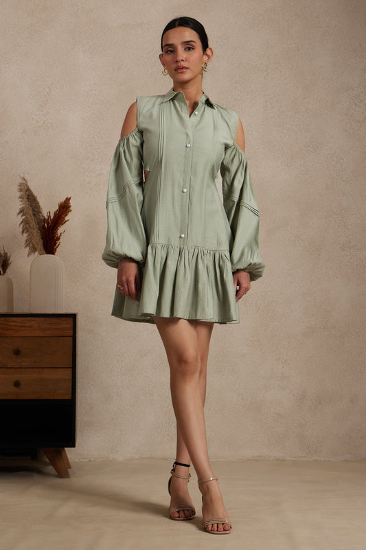 Sage Green Cold-Shoulder Shirt Dress with Flounce Hem