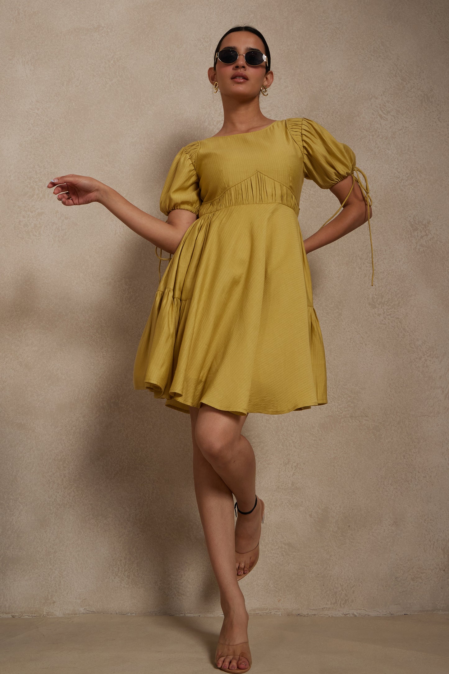 Mustard Yellow Flared Mini Dress with Ruched Sleeves