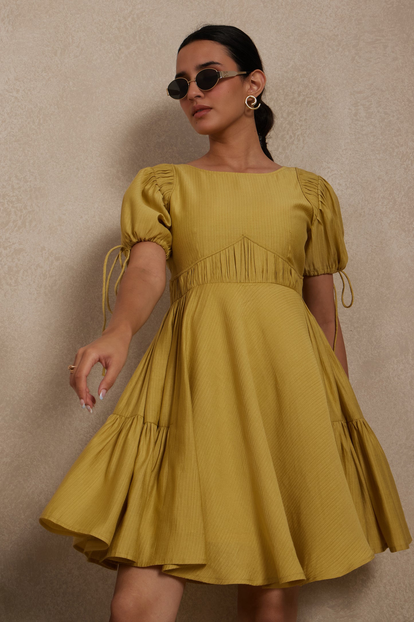 Mustard Yellow Flared Mini Dress with Ruched Sleeves