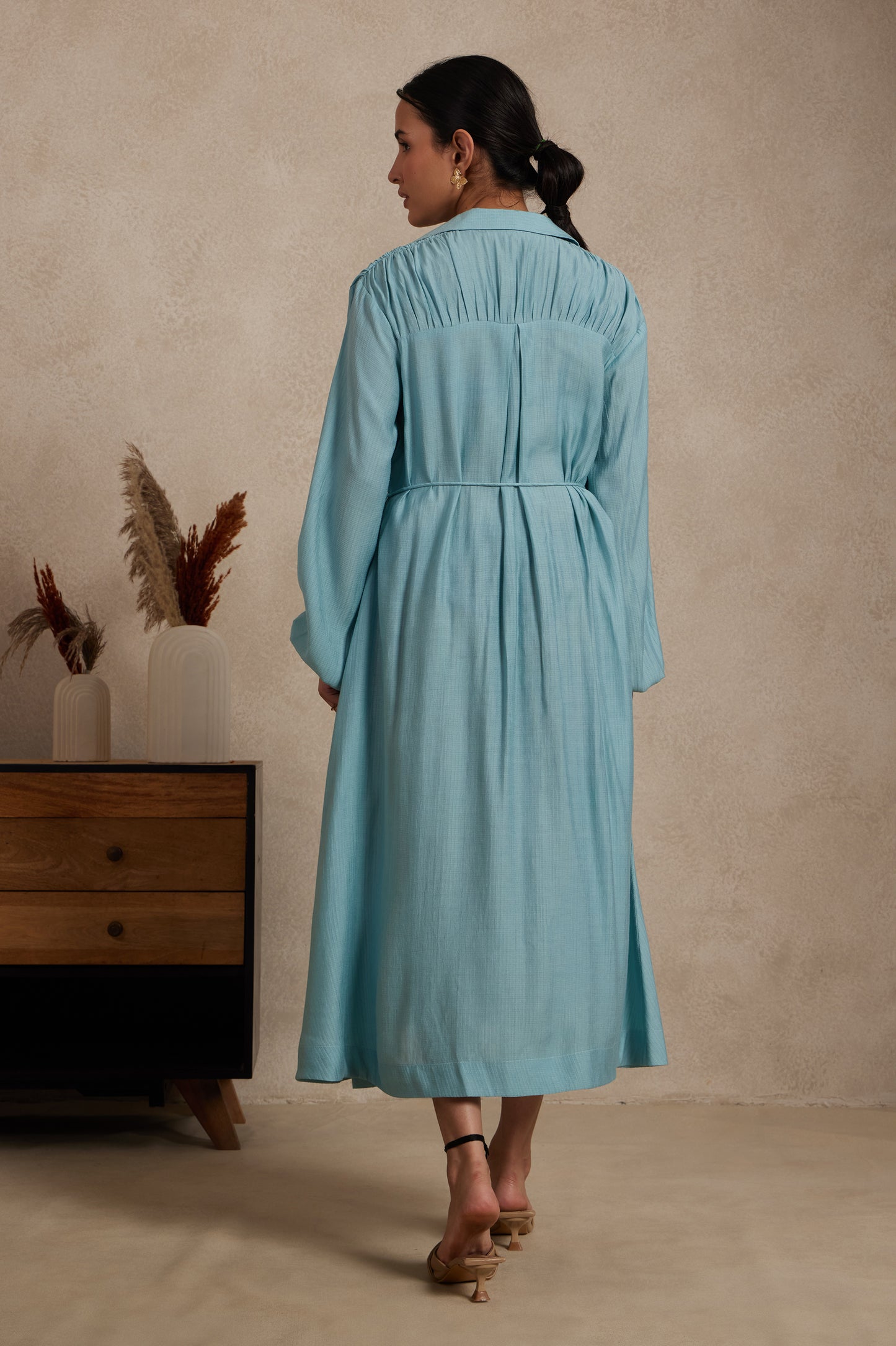 Sky Blue Gathered Shirt Dress with Drawstring Waist