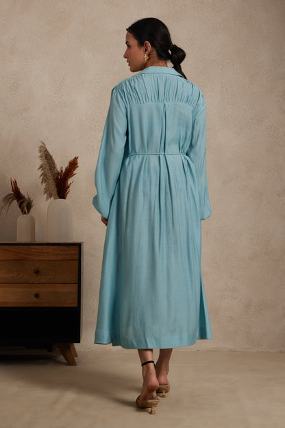Sky Blue Gathered Shirt Dress with Drawstring Waist