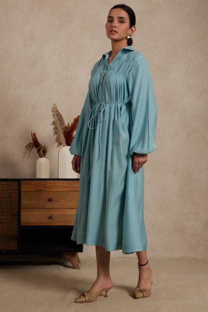 Sky Blue Gathered Shirt Dress with Drawstring Waist