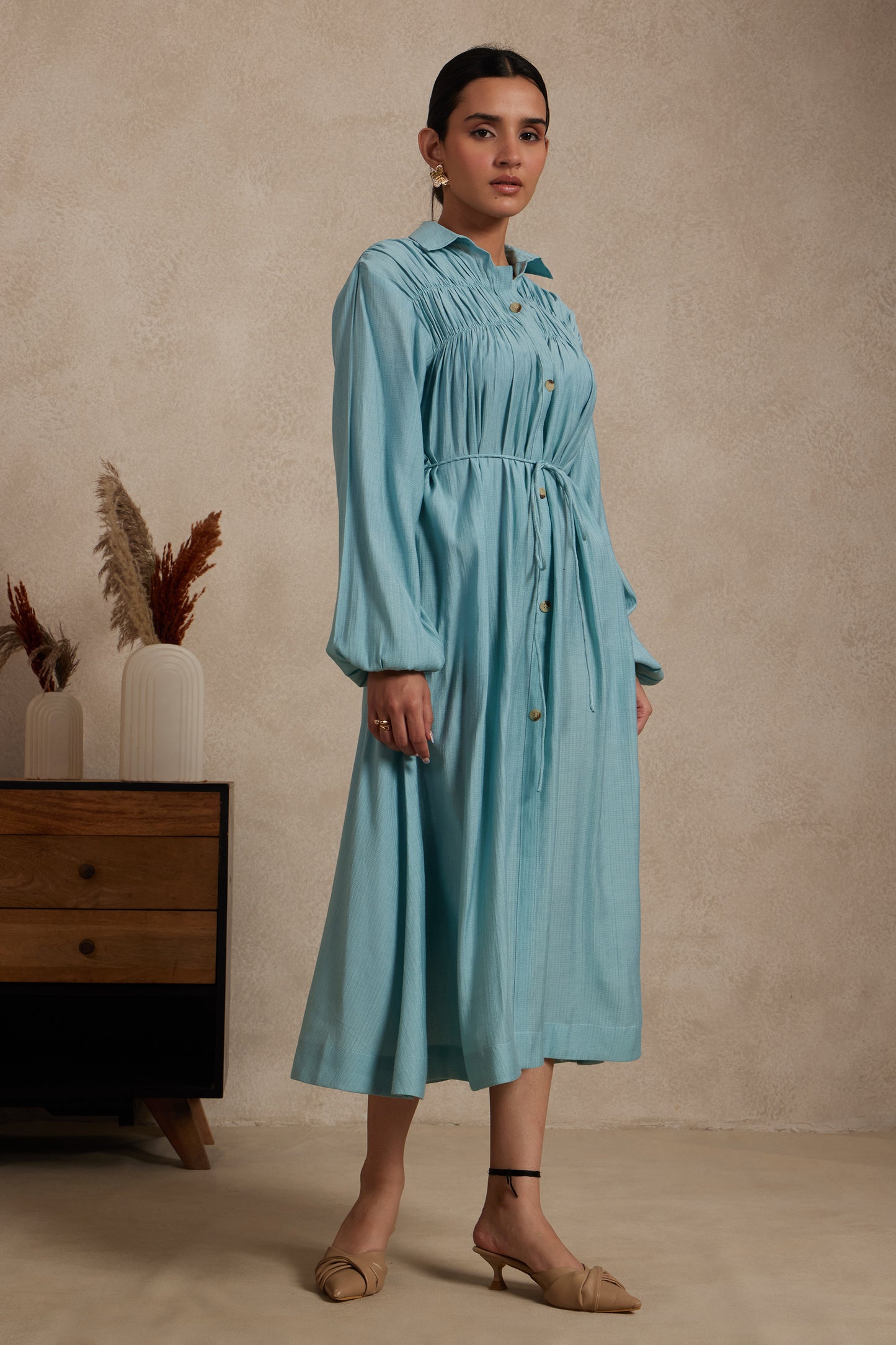 Sky Blue Gathered Shirt Dress with Drawstring Waist