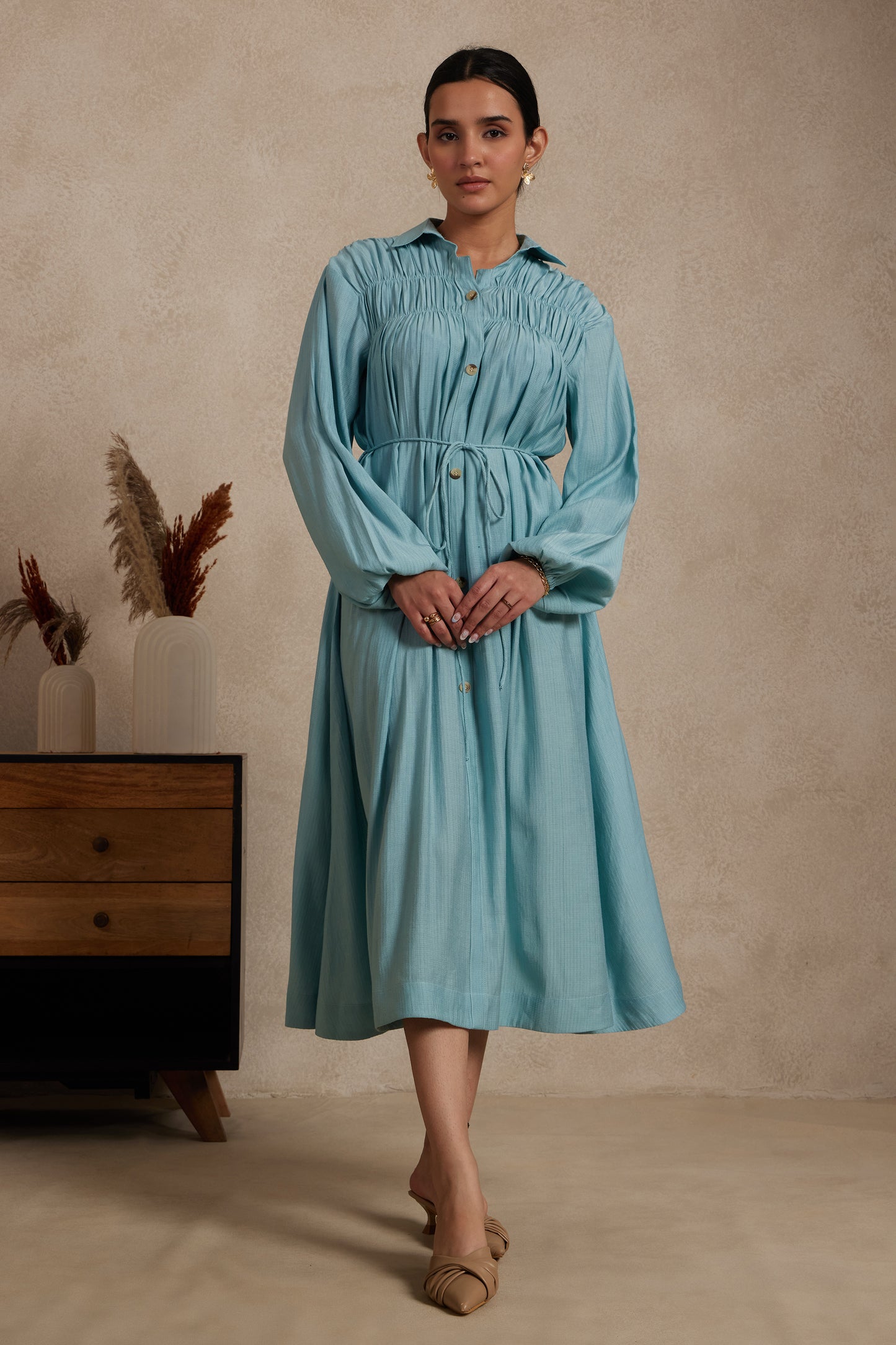 Sky Blue Gathered Shirt Dress with Drawstring Waist