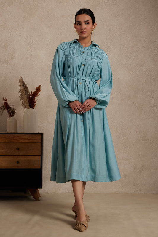 Sky Blue Gathered Shirt Dress with Drawstring Waist