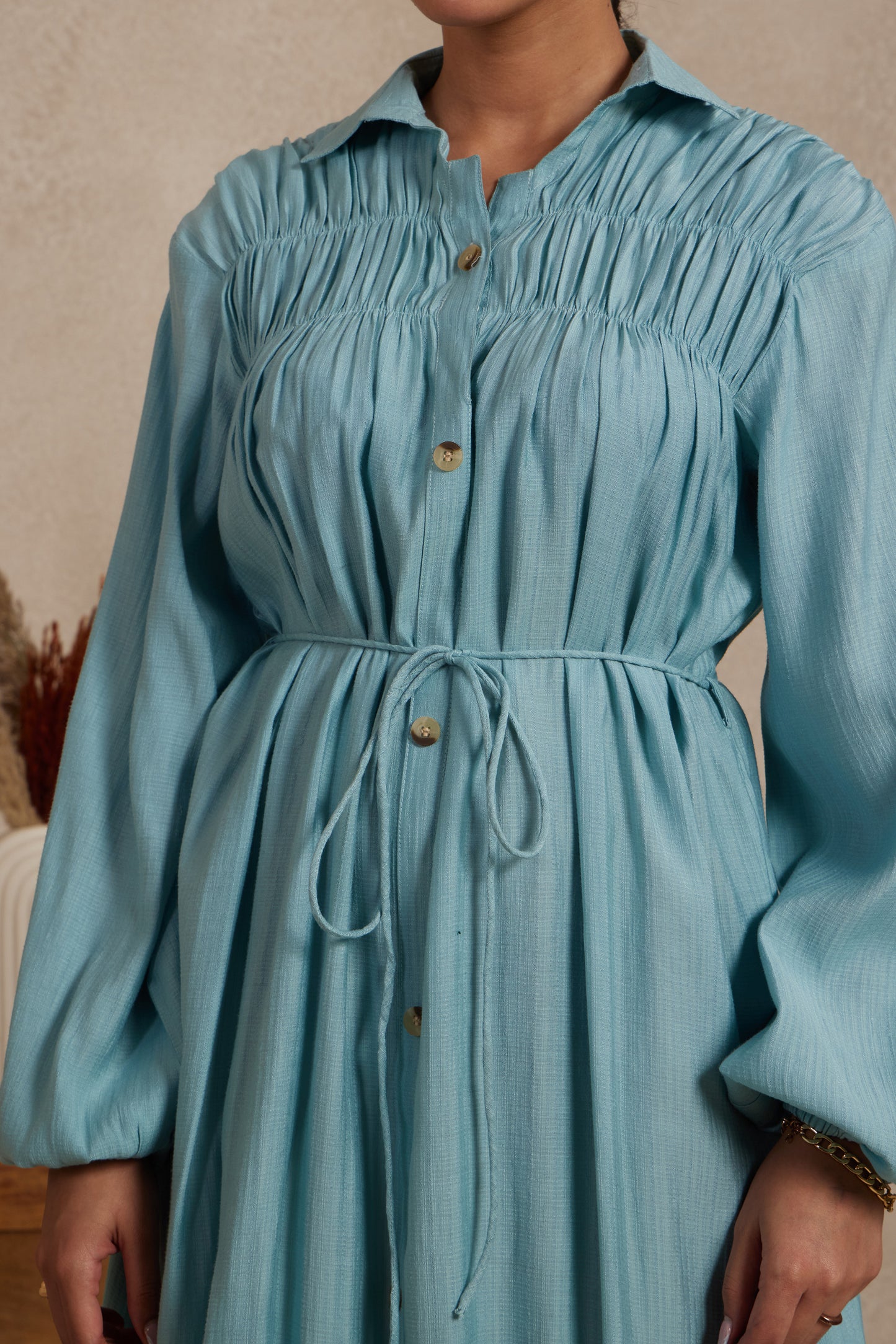 Sky Blue Gathered Shirt Dress with Drawstring Waist
