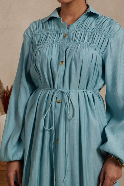Sky Blue Gathered Shirt Dress with Drawstring Waist