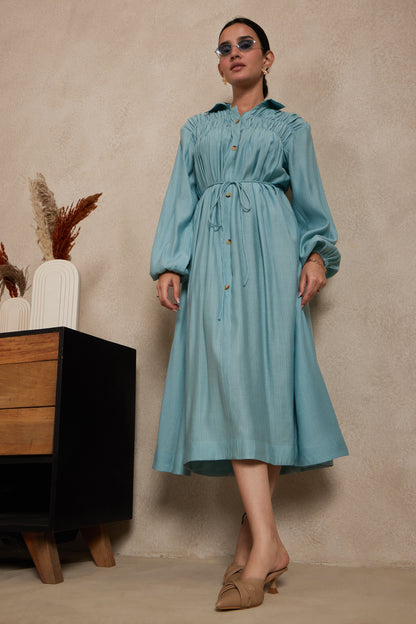 Sky Blue Gathered Shirt Dress with Drawstring Waist
