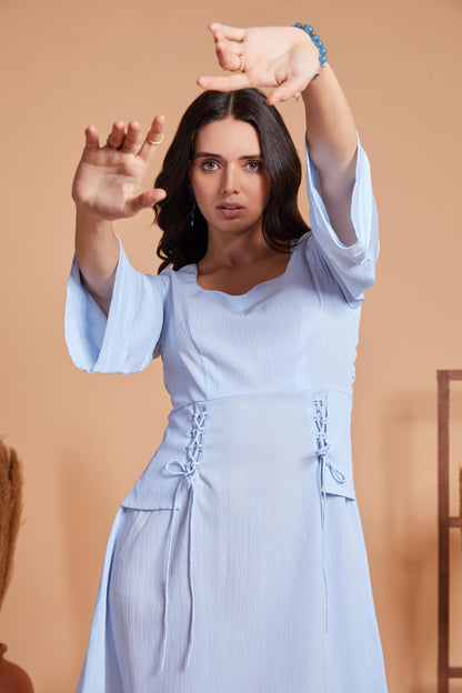 Lace-Up Detail Mini Dress with Flared Sleeves