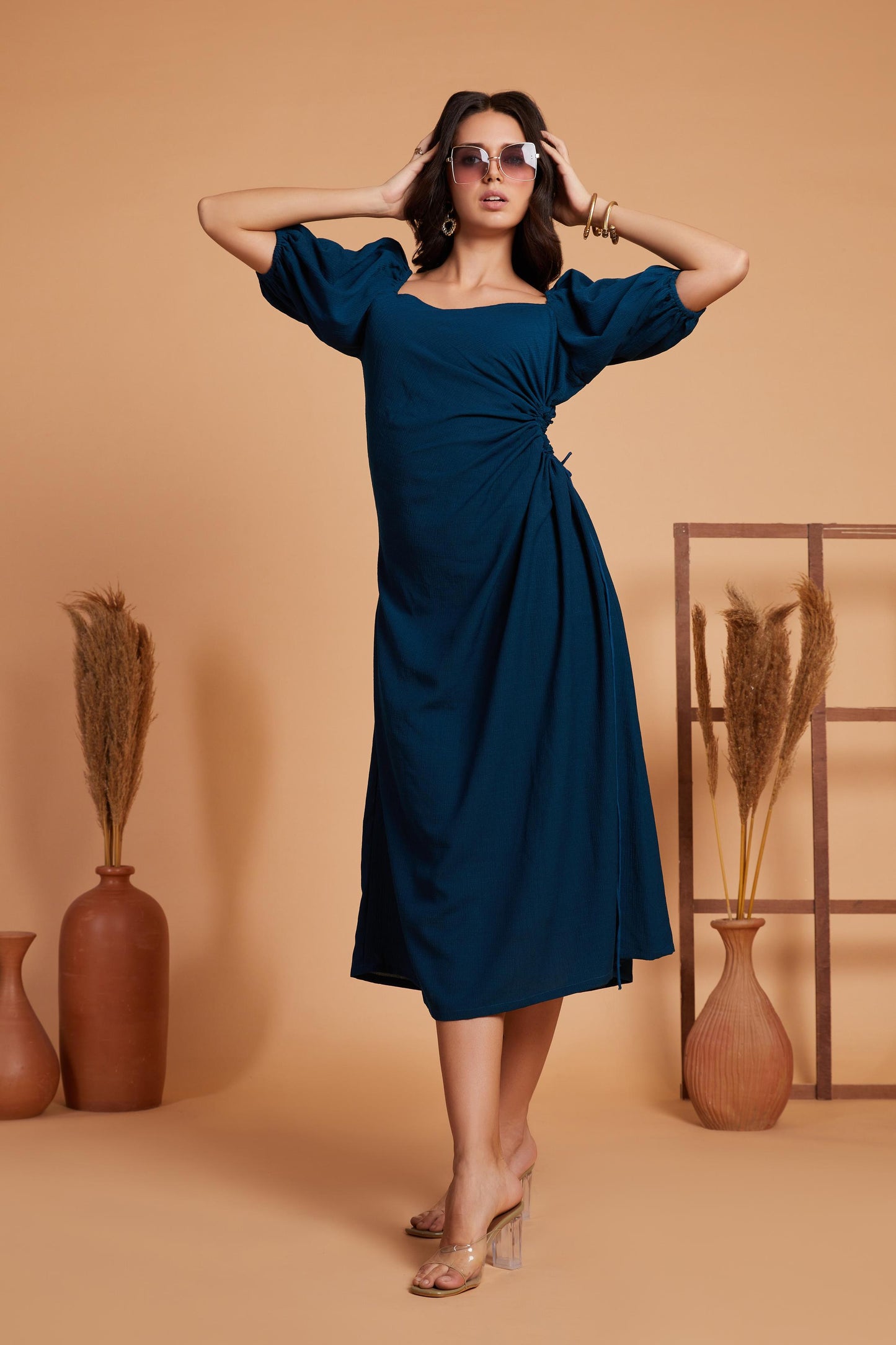 Ruched Cut-Out Midi Dress with Puff Sleeves
