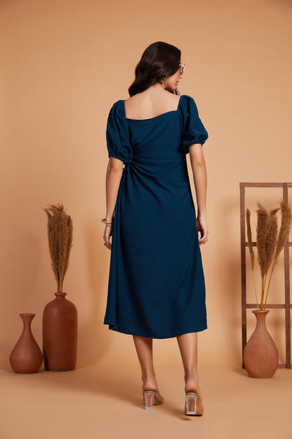 Ruched Cut-Out Midi Dress with Puff Sleeves