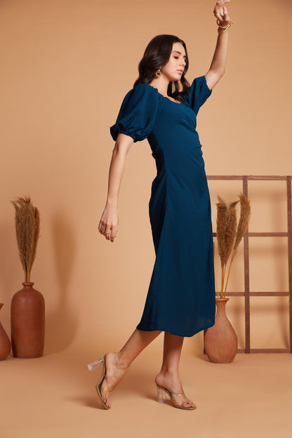 Ruched Cut-Out Midi Dress with Puff Sleeves