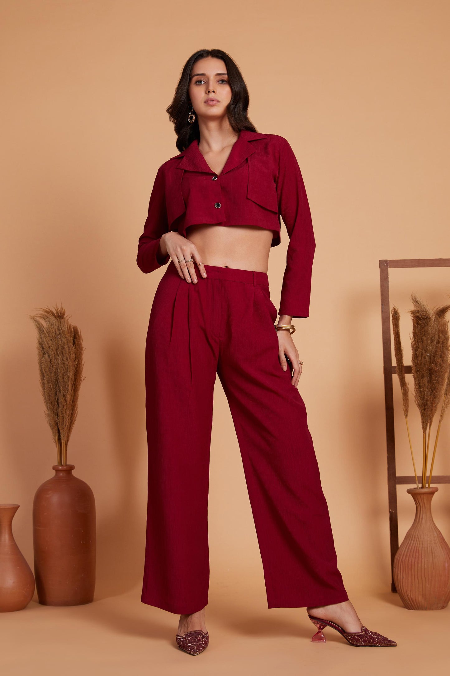 Cropped Jacket and High-Waist Trousers Co-Ord Set