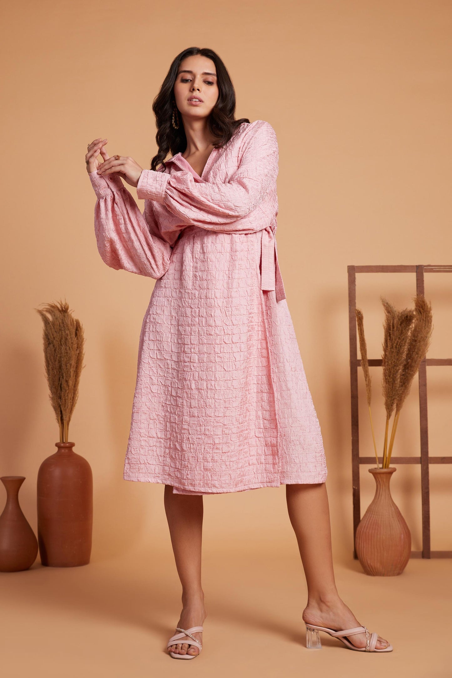 Textured Wrap Midi Dress with Balloon Sleeves