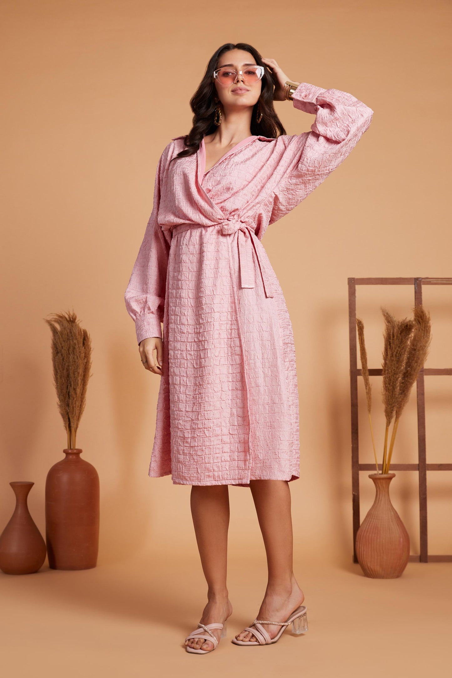 Textured Wrap Midi Dress with Balloon Sleeves