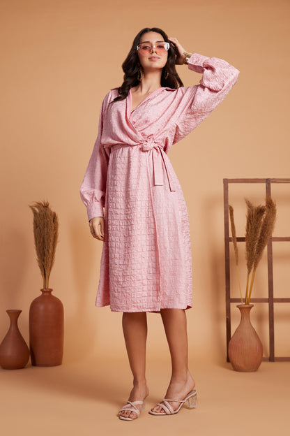 Textured Wrap Midi Dress with Balloon Sleeves
