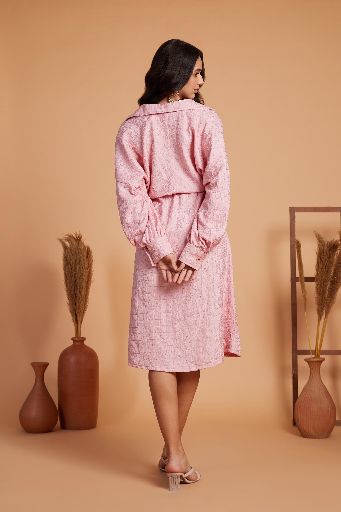 Textured Wrap Midi Dress with Balloon Sleeves