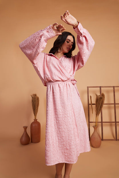 Textured Wrap Midi Dress with Balloon Sleeves