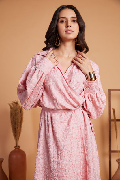Textured Wrap Midi Dress with Balloon Sleeves