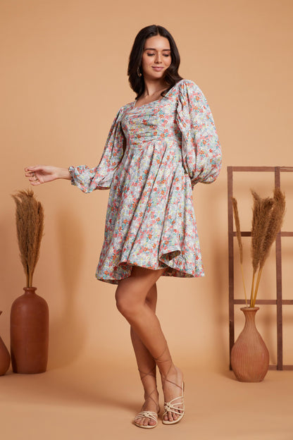 Floral Puff Sleeve Mini Dress with Flared Hem