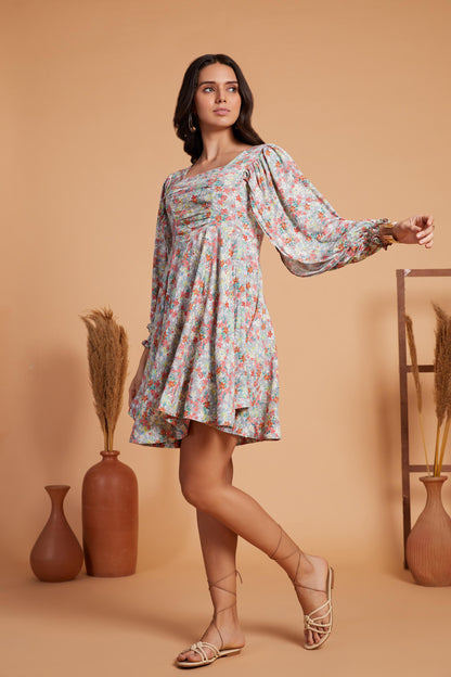 Floral Puff Sleeve Mini Dress with Flared Hem