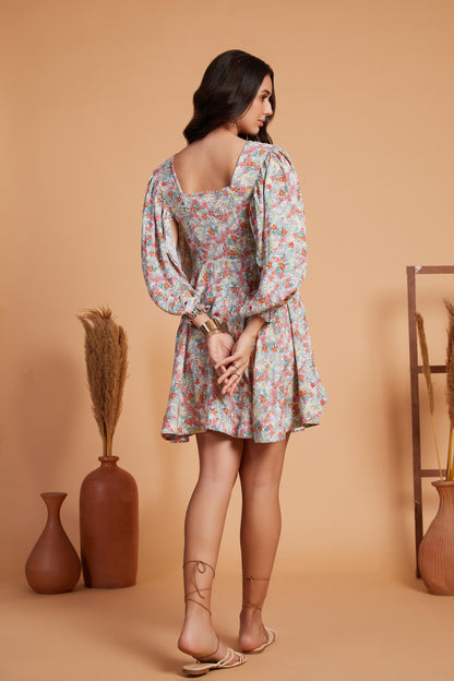 Floral Puff Sleeve Mini Dress with Flared Hem