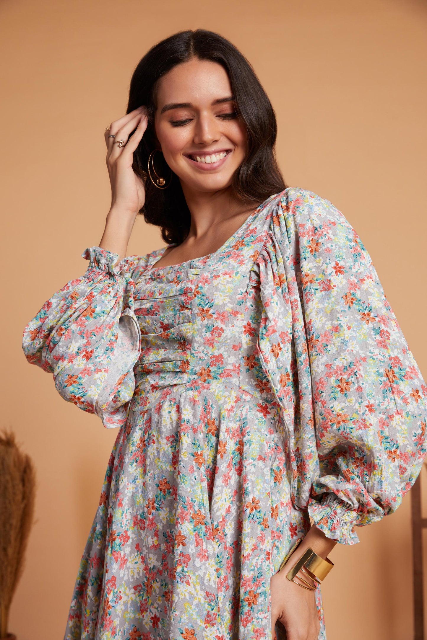 Floral Puff Sleeve Mini Dress with Flared Hem